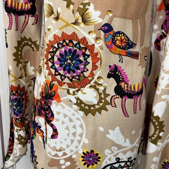 Mystery Mexican Print Smocked Top Bell Sleeve Tunic Shirt Tan Multi Medium - Picture 8 of 13